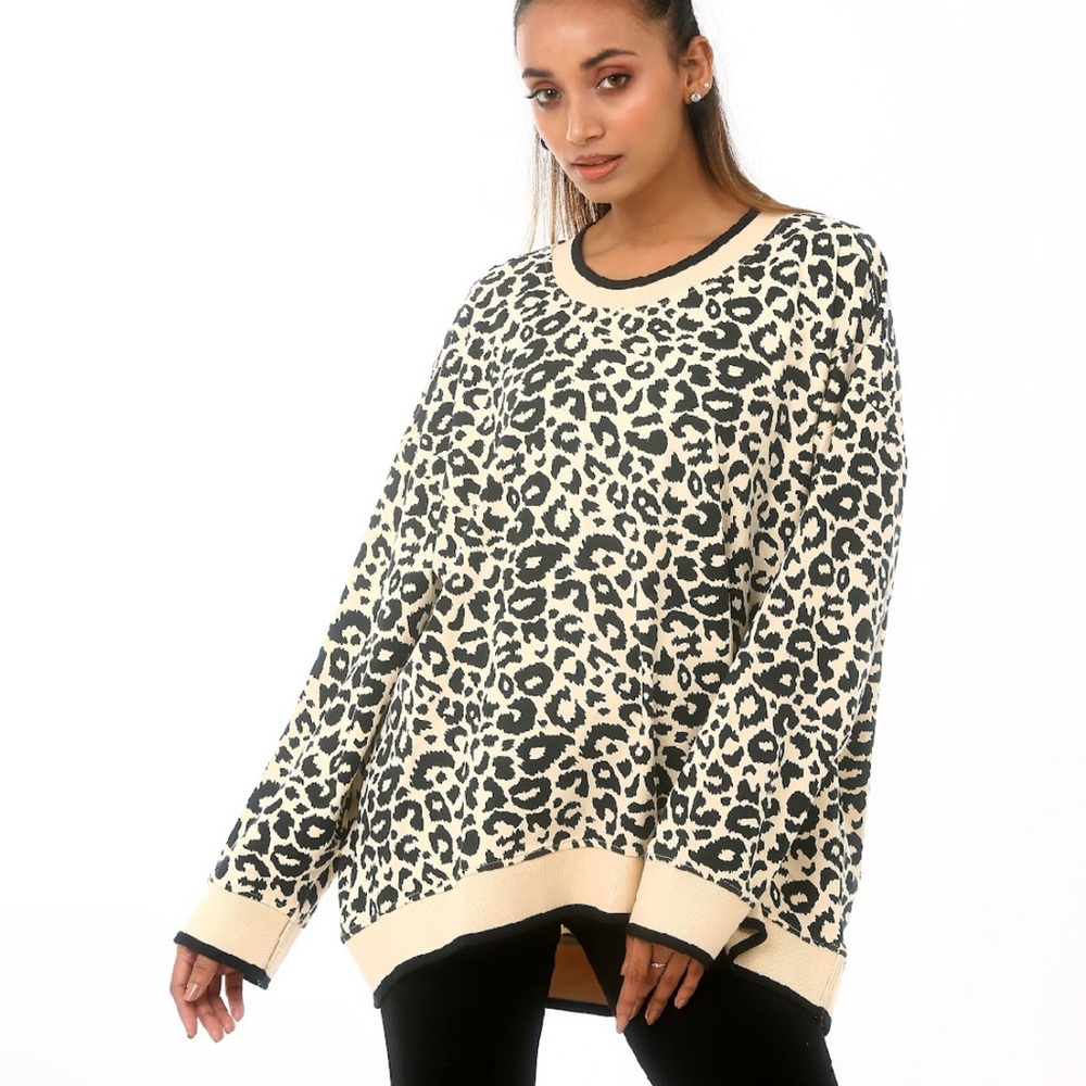 Cream and Black Animal Print Oversized Crew Neck Sweater
